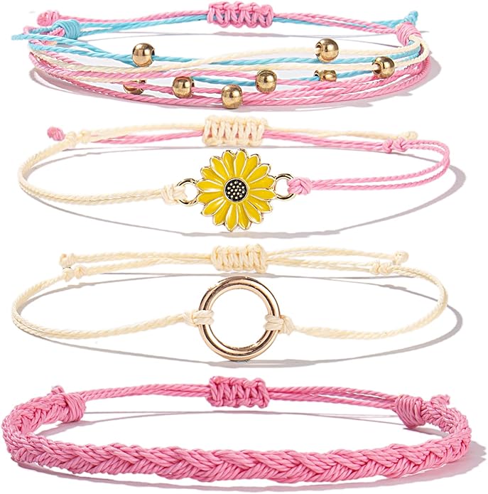 FANCY SHINY Sunflower String Bracelet Boho Braided Rope Wrap Bracelets Cute Summer Beach Surfer Jewelry for Women