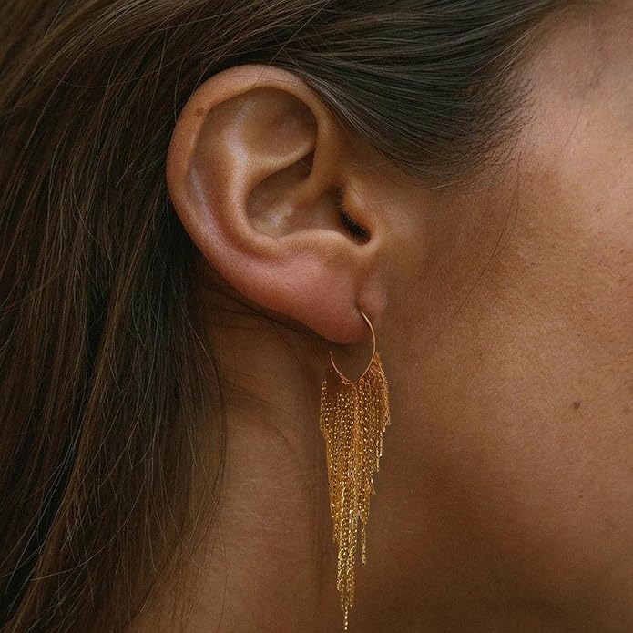 Gold Earrings for Women, 14K Gold Plated Tassel Dangle Earrings for Women Trendy Hypoallergenic Long Chain Earring Dainty Pearl Drop Earrings Elegant Wedding Earring Fashion Jewelry for Womens