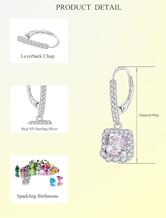 Square Dangle Drop Earrings Sterling Silver Halo Leverback Earrings Birthstone Jewelry for Women