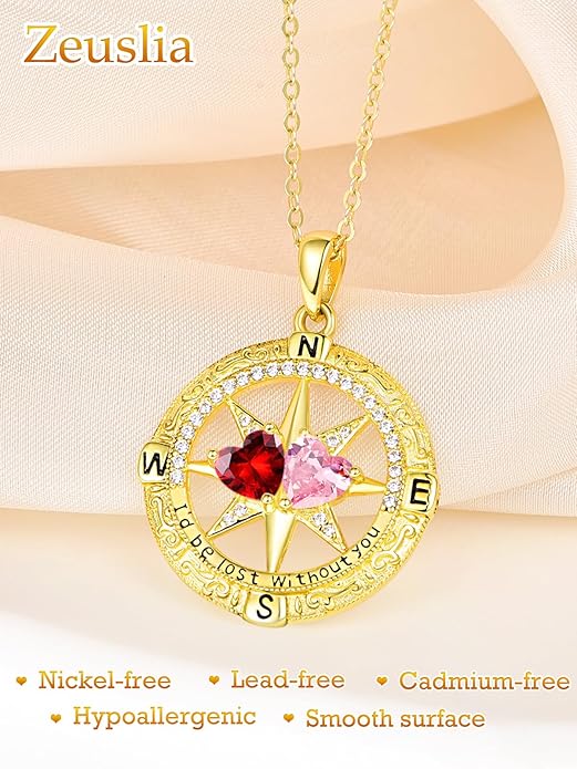 Zeuslia Double Birthstone Necklace Gifts for Wife - 925 Sterling Silver Sunflower/Rose/Crown Cross/Compass/Heart Pendant I Love You Necklace, Anniversary Birthday Gifts for Wife Girlfriend Mom Her