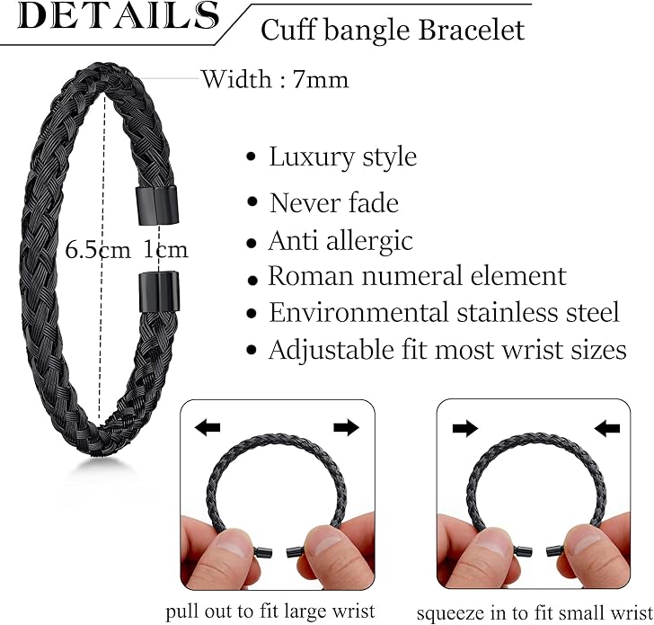 WFYOU 3PCS Stainless Steel Bracelets for Men Gold Roman Numeral Bangle Bracelet Twisted Cable Bracelet Adjustable Cuff Bracelet Mens Luxury Jewelry Bracelets Gifts