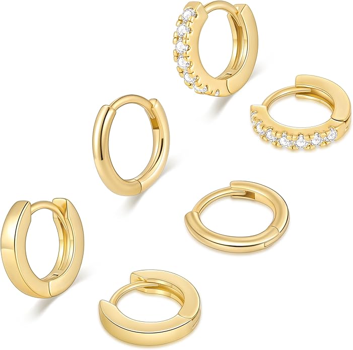 micuco 3 Pairs Small Hoop Earrings Set for Women, 14K Gold Plated Huggie Hoop Earrings for Men, Tiny Cartilage Hypoallergenic Earring Set