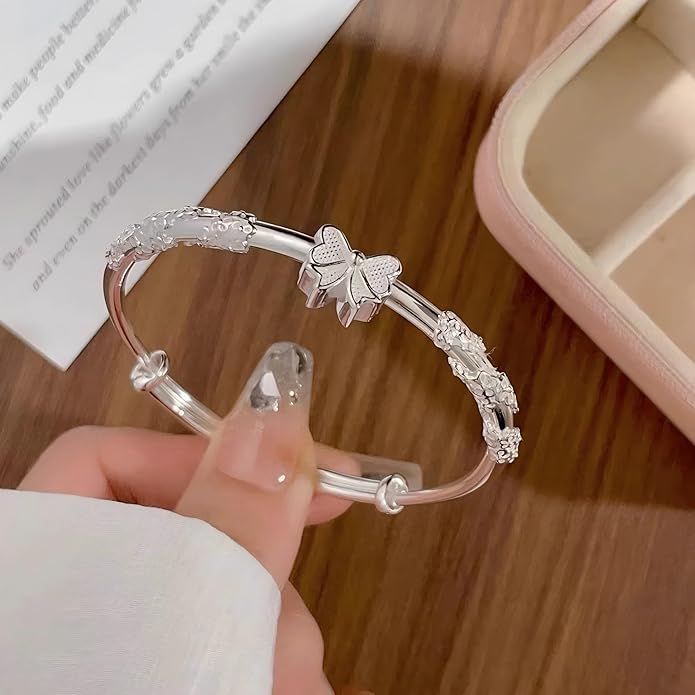 S925 Silver Bangle Bracelet for Women, Elegant Women‘s Sterling Silver Bracelet Bangle Adjustable 6.4-7.8 inches Small Size