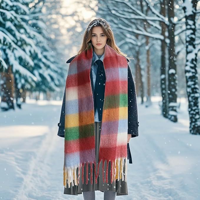 SHOHOKU Large Chunky Plaid Scarf Coloured Checked Oversized Scarf Tassel Soft Fall Winter Thick Warm Shawl Women