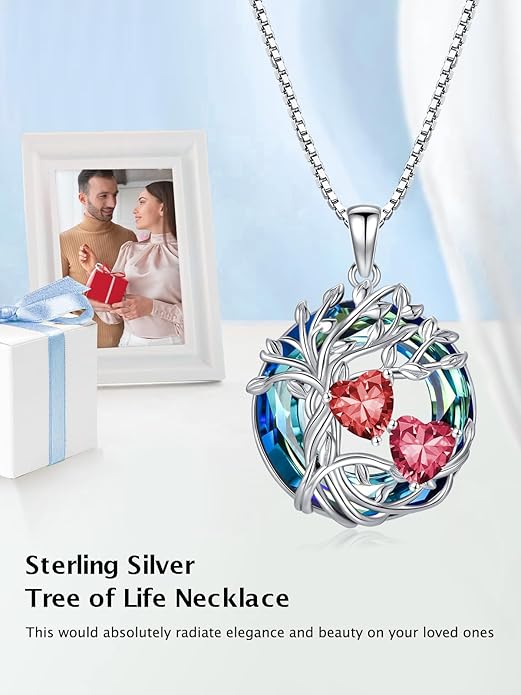 TOUPOP s925 Sterling Silver Family Celtic Tree of Life Pendant Necklaces with 2 Heart Birthstone with Blue Austrian Crystal Jewelry Birthday Anniversary Christmas Gifts for Her Wife Girlfriend Mom (18K Real White Gold Filled)
