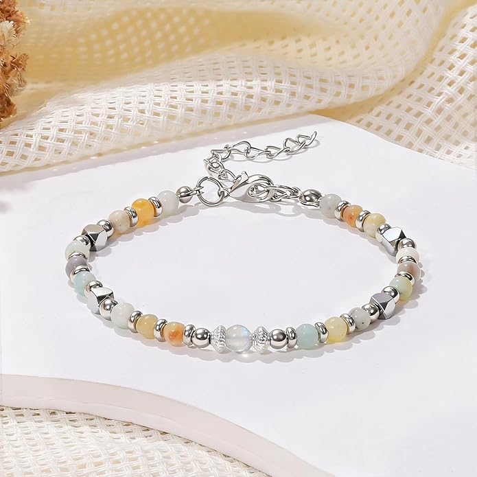 Moonstone Beaded Bracelet for Women - Calming & Empowering Healing Crystal Jewelry, Adjustable Chakra Balancing Gift for Mom, Sister, Daughter - Birthday Christmas