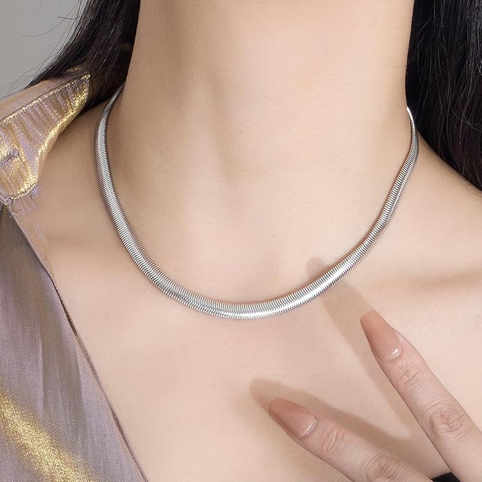 Dankadi Men 925 Sterling Silver Necklace Italian 6MM-8MM Flexible Flat Snake Chain Choker 16-30 Inch 24K Gold plated Fine Jewelry Gifts for Women