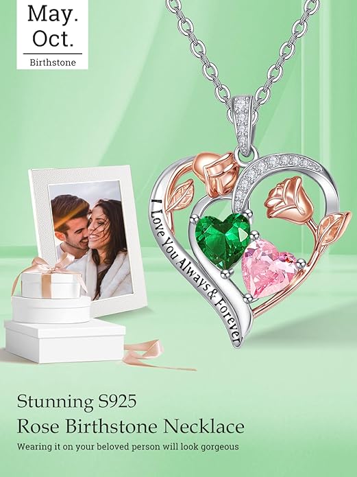 Zeuslia Double Birthstone Necklace Gifts for Wife - 925 Sterling Silver Sunflower/Rose/Crown Cross/Compass/Heart Pendant I Love You Necklace, Anniversary Birthday Gifts for Wife Girlfriend Mom Her