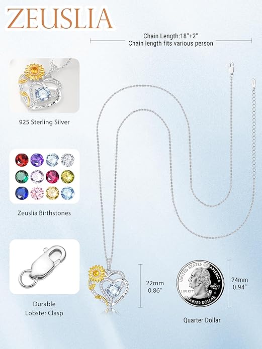 Zeuslia Double Birthstone Necklace Gifts for Wife - 925 Sterling Silver Sunflower/Rose/Crown Cross/Compass/Heart Pendant I Love You Necklace, Anniversary Birthday Gifts for Wife Girlfriend Mom Her