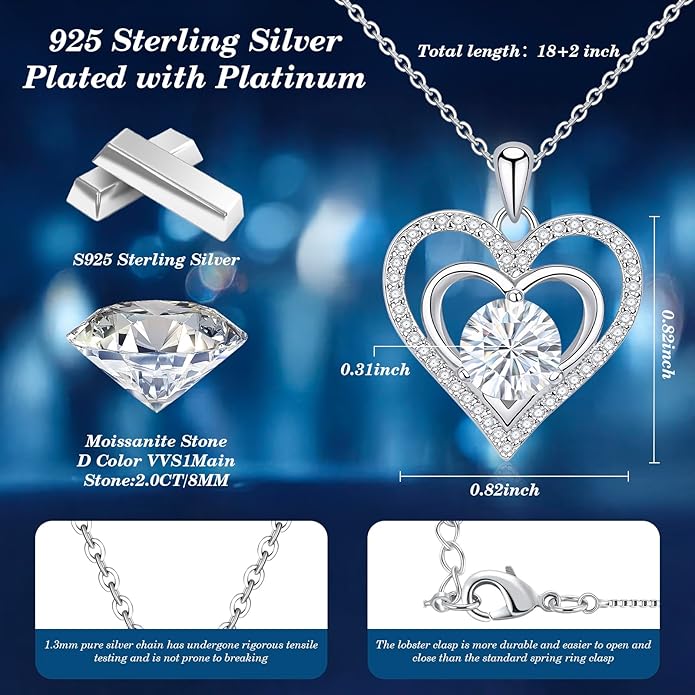 Jewelry Gifts for Women, Moissanite Heart Necklace 1-2Carat - Birthday Gift for Wife, Anniversary Necklace for Women, Christmas Valentine's Day Mother's Day Fine Jewelry Romantic Gifts for Her