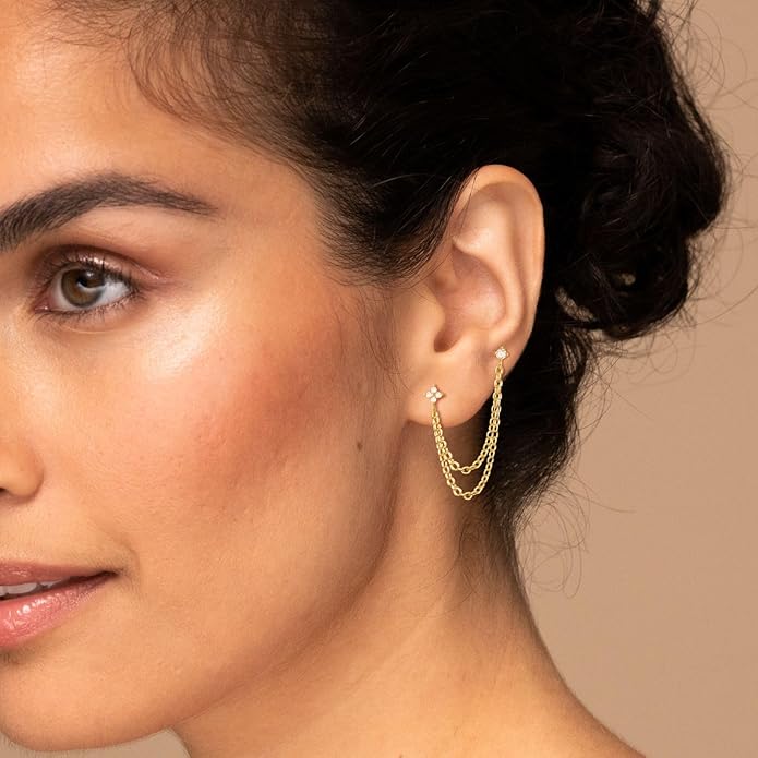 Freekiss Gold Chain Studs Earrings for Women Trendy: Hypoallergenic 14K Gold Plated Dangle Earrings Dainty Small Long Chain Earring Set Fashion Gold Jewelry for Women