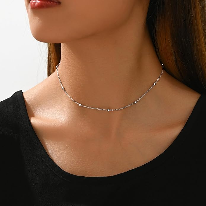 Dainty Chain Necklace for Women, 18K Gold Plated Coin Disc Choker Necklaces Simple Satellite Beaded Twisted Thin Paper Clip Chain Everyday Jewelry Gifts