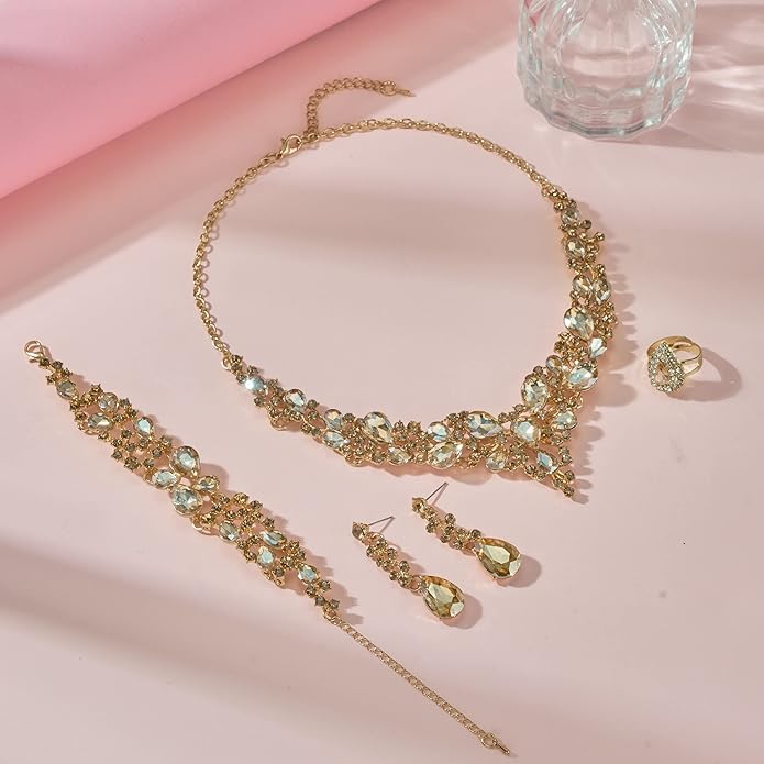 Paxuan Crystal Bridal Wedding Jewelry Sets for Women Rhinestone Teardrop Crystal Statement Choker Necklace Drop Earrings Link Bracelets Rings Teardrop Jewelry Set for Brides Bridesmaids