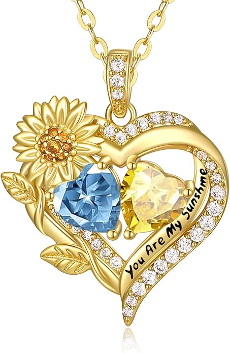 Sunflower Heart Necklace for Women 14K Gold Exquisite Anniversary Birthday Gifts for Wife Mother Her Double Birthstone Pendant jewelry‘You Are My Sunshine’