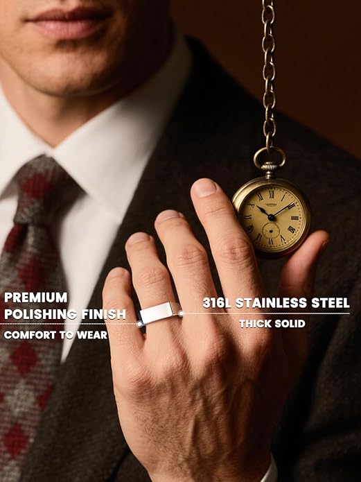 Bestyle Stainless Steel Signet Ring for Men Women in Gold/Black/Silver/Vintage Gray Tone, Chunky Thick Heavy Dome Band Ring Cool Finger Ring, Gift for Dad Husband, Size 7-14 Customizable