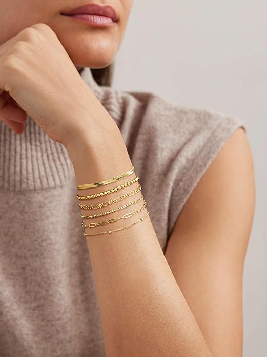 DEARMAY 14K Gold Plated Bracelets for Women Waterproof, Jewelry Sets Trendy Thin Dainty Stackable Cuban Link Paperclip Chain Bracelet Pack Fashion Accessories Gifts for Womens