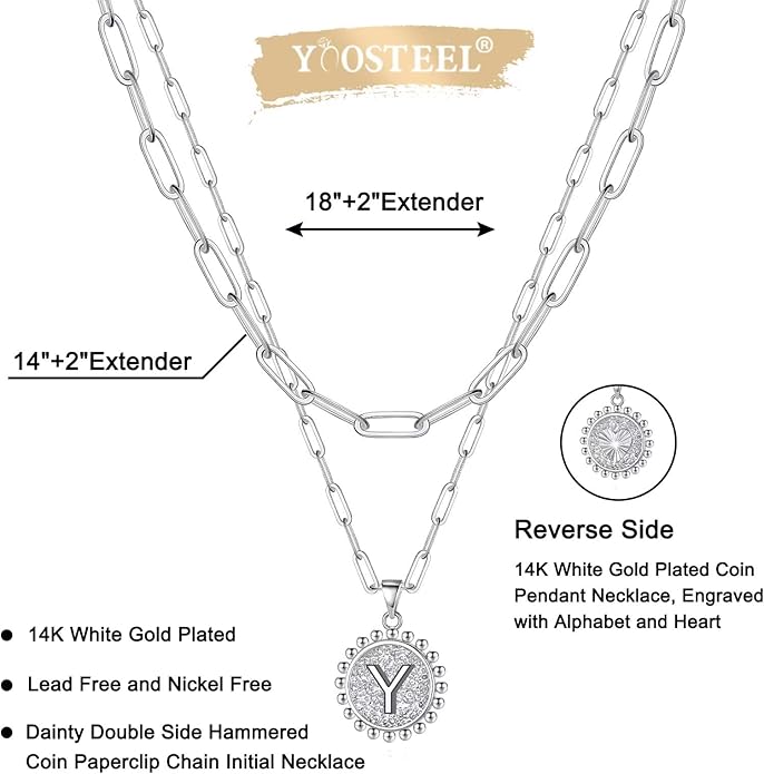 Yoosteel Gold Initial Necklaces for Women, 14K Gold Plated Dainty Layering Paperclip Link Chain Necklace Coin Initial Layered Necklaces for Women Personalized Birthday Gifts