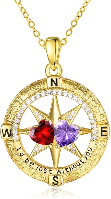 Zeuslia Double Birthstone Necklace Gifts for Wife - 925 Sterling Silver Sunflower/Rose/Crown Cross/Compass/Heart Pendant I Love You Necklace, Anniversary Birthday Gifts for Wife Girlfriend Mom Her