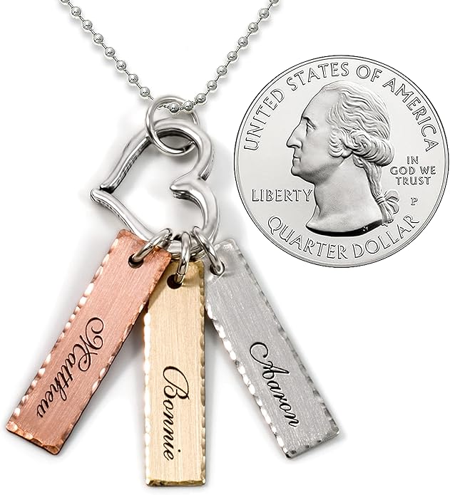 Mixed Tone Triple Bar Personalized Necklace with Heart Charm. 14k Gold Plated, Rose Gold Plated, Sterling Silver Charm. Choice of Silver Chain. Gifts for Her, Mom, Wife