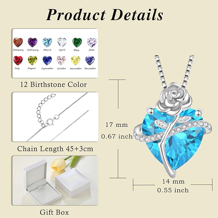 Birthstone Necklace for Women 925 Sterling Silver Love Heart Rose Flower Necklace Dainty Jewelry Gifts for Women Wife Girlfriend Mother Daughter Her