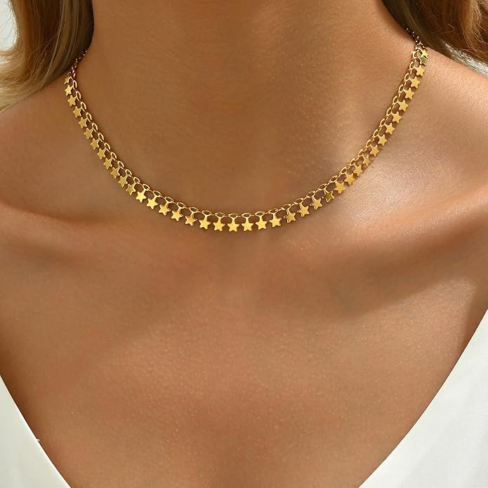 Gold Chain Necklace for Women 18K Gold Plated Stainless Steel Necklace Dainty Star Cross Heart Choker Chains Simple Delicate Minimalist Trendy Jewelry