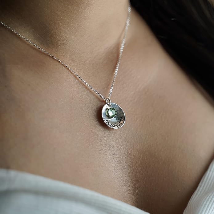 Sterling Silver Personalized Domed and Hammered One Name Necklace. Customize with Your Choice of Characters. Hammered Finish. Includes 925 Chain and Crystal Birthstone. Gifts for Her, Mother, Wife