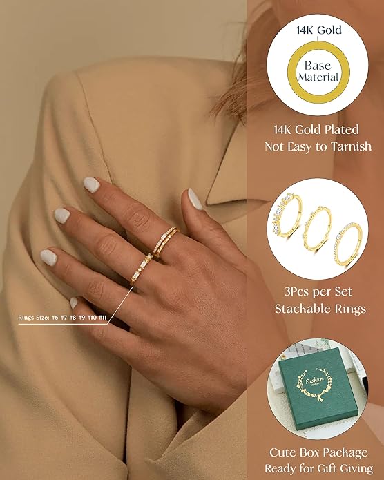 FUNEIA Stackable Silver Gold Rings for Women Non Tarnish 14K Gold Plated Thumb Cubic Zirconia Rings for Women Dainty Pinky Promise Wedding Ring Set Women's Engagement Eternity Band Rings Gold Jewelry