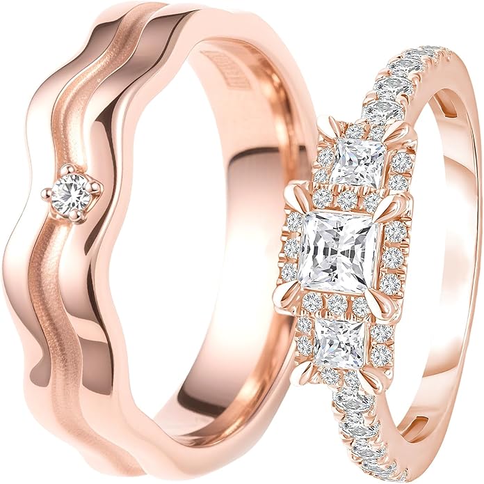 Rikelus Moissanite Engagement Ring Sets for Couples,10K 14K 18K Solid Gold Heart/Princess/Round Cut Bridal Ring Sets,Customized Matching Wedding Bands Set for Men and Women Free Engraving