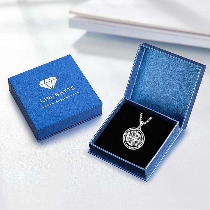 KINGWHYTE Compass Necklace for Men 925 Sterling Silver Birthday Gifts Graduation Travel Jewelry for Husband Brother with Stainless Steel Chain