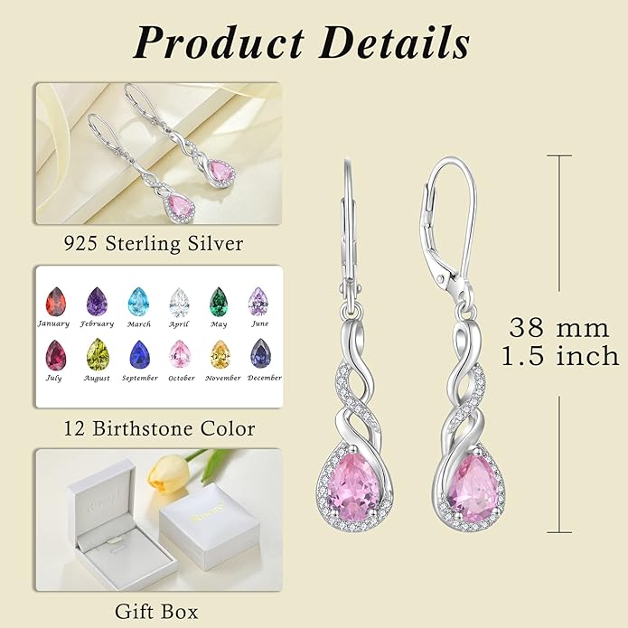 Infinity Dangle Drop Earrings for Women 925 Sterling Silver Teardrop Leverback Earrings Birthstone Jewelry Gifts for Women Wife Girlfriend Mother Daughter Her