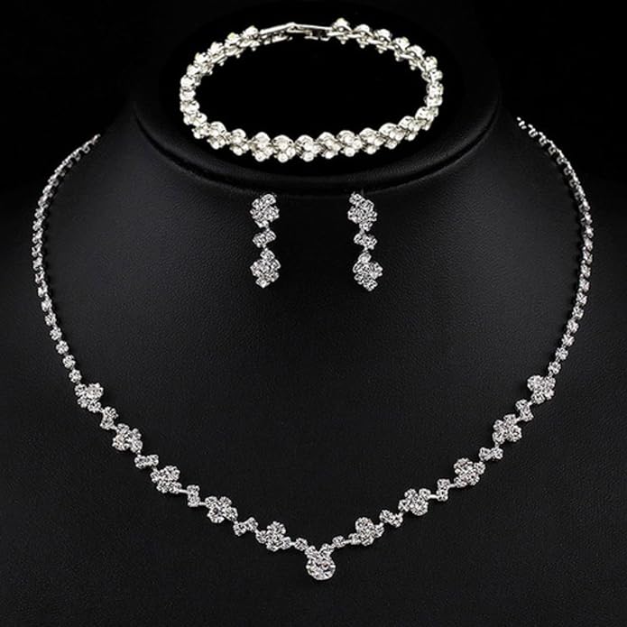 Crystal Wedding Jewelry Set, Silver Necklace Earrings Bracelet Crystal Bridal Wedding Jewelry Sets for Brides Bridesmaid Prom Costume Accessories