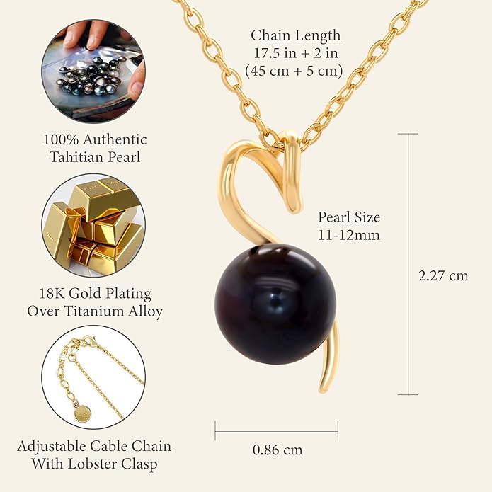 TRYNDI Real Tahitian Black Pearl Necklace Gifts for Women - Larger 11-12mm Luxury Pearl Womens Jewelry, Romantic Valentines Gift for Wife from Husband- Wedding Anniversary, Birthday, Mothers Day, Valentine Necklace for Girlfriend, Fiance & Soulmate