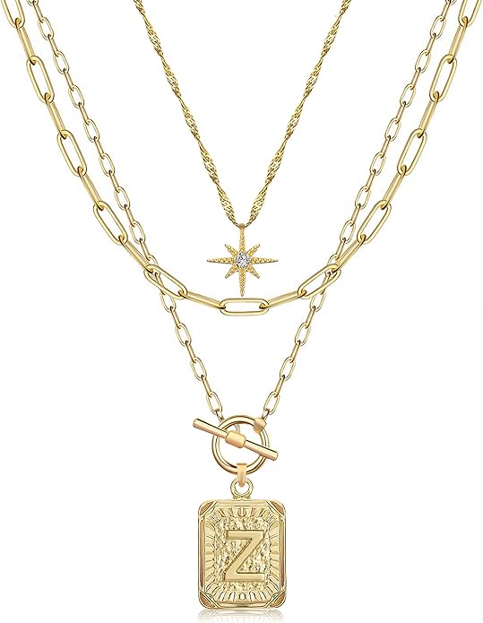 MJartoria Layered Initial Necklaces for Women Trendy, 14K Gold Plated Brass Simple Star Choker Square Letter Pendant Necklace, Paperclip Chain Necklaces Jewelry Gifts