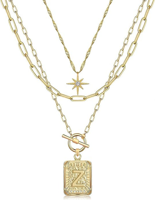 MJartoria Layered Initial Necklaces for Women Trendy, 14K Gold Plated Brass Simple Star Choker Square Letter Pendant Necklace, Paperclip Chain Necklaces Jewelry Gifts