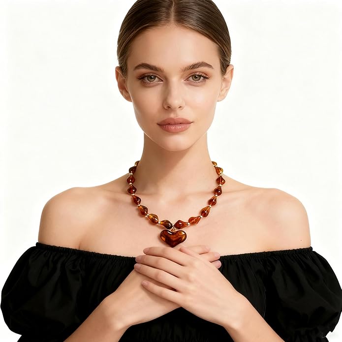 YUJIE Chunky Heart Penadnt Necklace for Women- Exaggerated Statement Puff Heart Necklace with Acrylic Beaded Chain