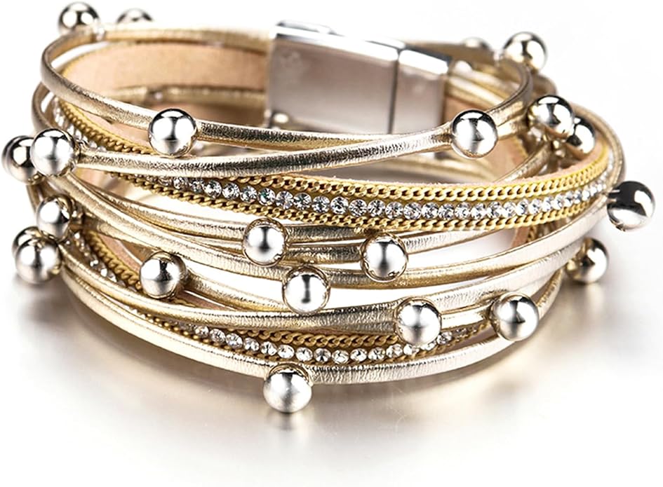 Fesciory Leather Wrap Bracelets for Women, Boho Leopard Multi-Layer Crystal Beads Cuff Bracelet Jewelry