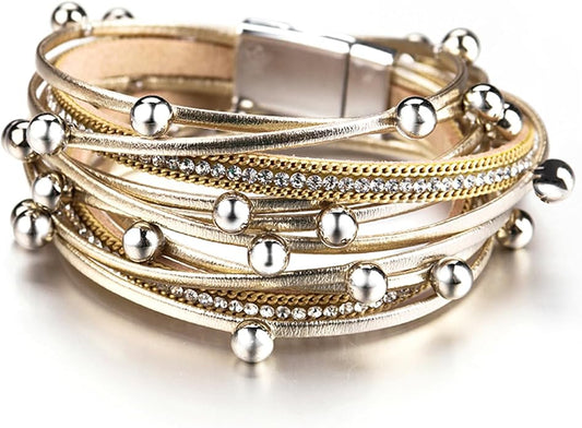 Fesciory Leather Wrap Bracelets for Women, Boho Leopard Multi-Layer Crystal Beads Cuff Bracelet Jewelry