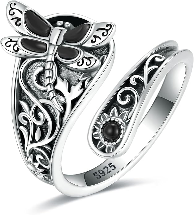 S925-Sterling-Silver Abalone Dragonfly-Turquoise Spoon Ring - Vintage Boho Sunflower Thumb Oxidized Wrap Rings Victorian Style Antique Floral Jewelry Gifts for Women