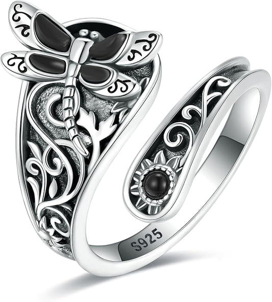 S925-Sterling-Silver Abalone Dragonfly-Turquoise Spoon Ring - Vintage Boho Sunflower Thumb Oxidized Wrap Rings Victorian Style Antique Floral Jewelry Gifts for Women