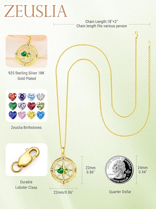 Zeuslia Double Birthstone Necklace Gifts for Wife - 925 Sterling Silver Sunflower/Rose/Crown Cross/Compass/Heart Pendant I Love You Necklace, Anniversary Birthday Gifts for Wife Girlfriend Mom Her