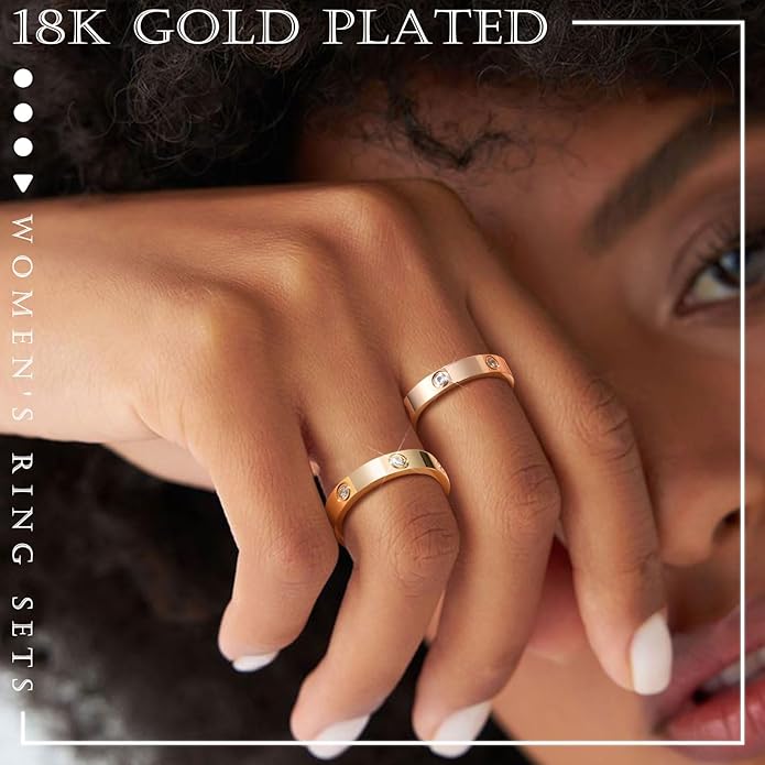 MPRAINBOW Gold Rings for Women, 18K Gold Plated Stainless Steel Cubic Zirconia Friendship Band Wedding Party Trendy Jewelry Gift Non-Tarnish,Christmas Birthday Gifts for Her Girlfriend