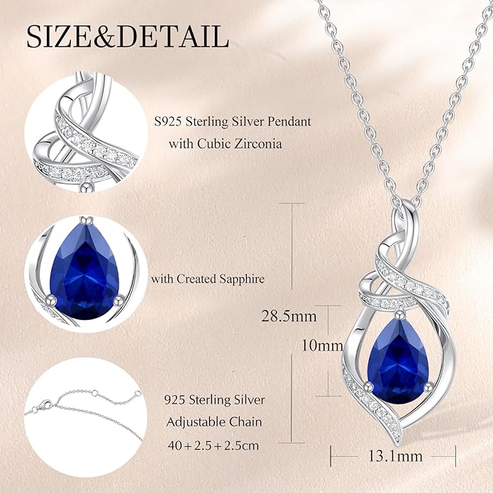 FANCIME Teardrop Gemstone Necklace for Women S925 Sterling Silver Elegant Ribbon Pendent Birthday Gifts for Her, 16"+2" Inches