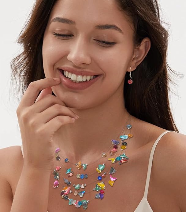 Multi-Layer Boho Shell Beaded Necklace for Women Colorful Crystal Strand with Silver Beads Statement Collars Necklace and Earrings Costumes Jewelry Sets for Women