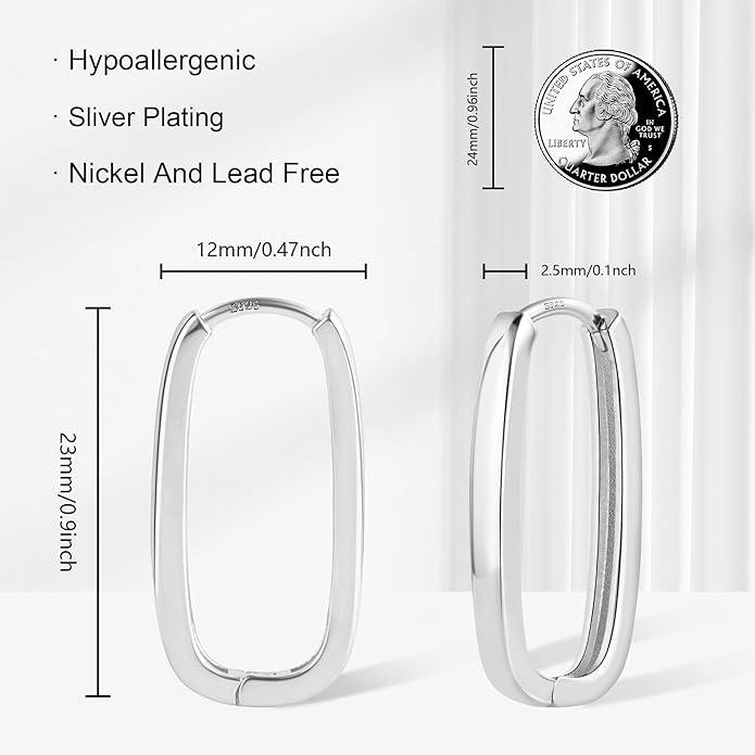 925 Sterling Silver Rectangle Hoop Earrings for Women Silver Geometric Hypoallergenic Oval Hoop Earrings 14K Gold Square Huggie Hoops Earrings for Jewelry Gifts