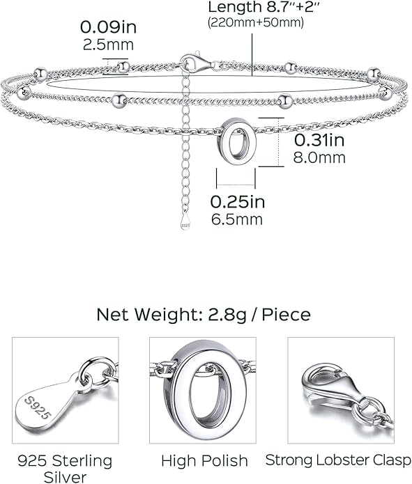 ChicSilver Ankle Bracelets for Women Waterproof, 925 Sterling Silver Initial Anklets for Women, Adjustable Dainty Layered Anklet Beach Jewelry for Women Mom Wife Friend