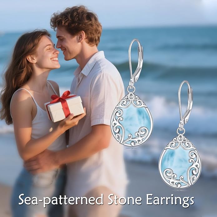Filigree Earrings Sterling Silver Teardrop Moonstone Moss Agate Lapis Lazuli Larimar Emerald Peridot Opal Dangle Dangly Drop Leverback Earrings Boho Jewelry Gifts for Women