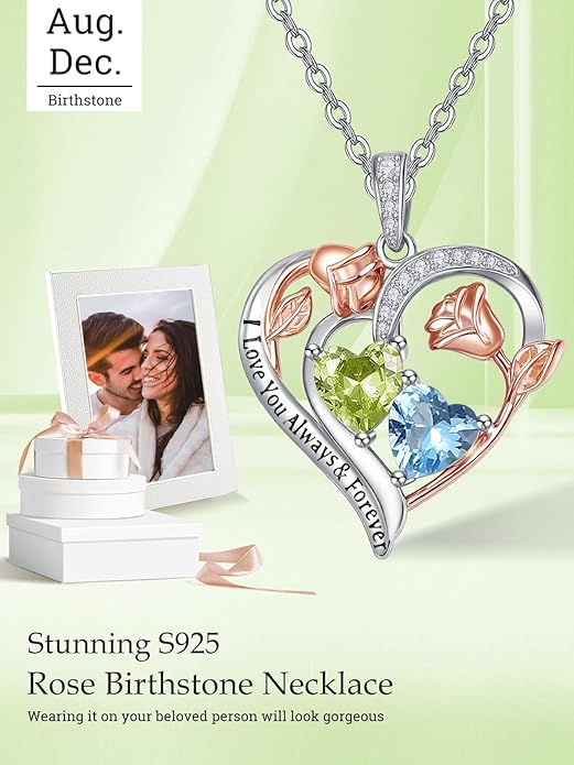 Zeuslia Double Birthstone Necklace Gifts for Wife - 925 Sterling Silver Sunflower/Rose/Crown Cross/Compass/Heart Pendant I Love You Necklace, Anniversary Birthday Gifts for Wife Girlfriend Mom Her