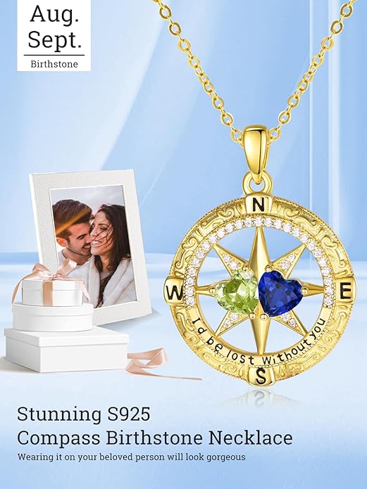 Zeuslia Double Birthstone Necklace Gifts for Wife - 925 Sterling Silver Sunflower/Rose/Crown Cross/Compass/Heart Pendant I Love You Necklace, Anniversary Birthday Gifts for Wife Girlfriend Mom Her