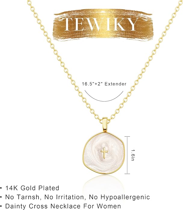 Tewiky Cross Necklace for Women-Dainty Simple 14k Gold Plated Cross Pendant Cute Necklaces for Women Jewelry