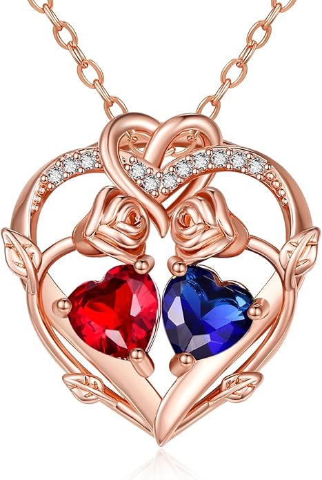 Rose Gold Necklaces for Women Double Birthstone Rose Flower Heart Pendant Necklace Jewelry Anniversary Christmas Valentine's Mother's Day Birthday Gift for Wife Mom Her Girlfriend Sister
